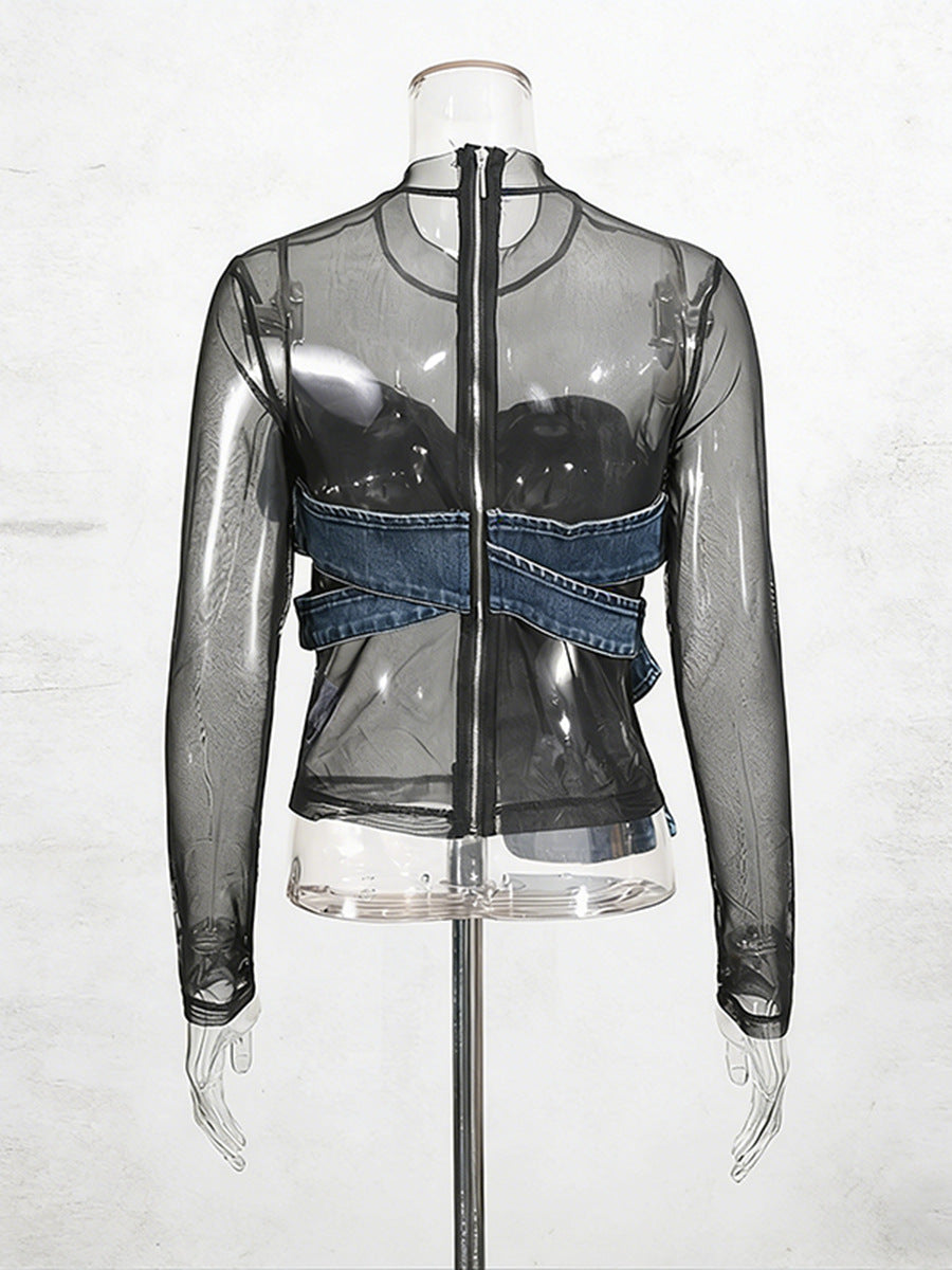 Denim Bow Mesh Overlay Top NorixaFashion.com