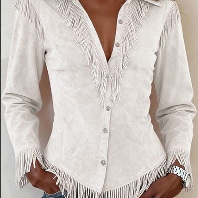 Western Cowboy-Style Suede Fringe Slim-Fit Long-Sleeve Shirt NorixaFashion.com
