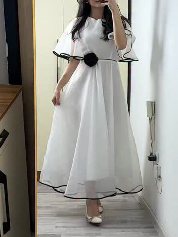 White Chiffon Maxi Dress With Black Trim And Floral Accent NorixaFashion.com