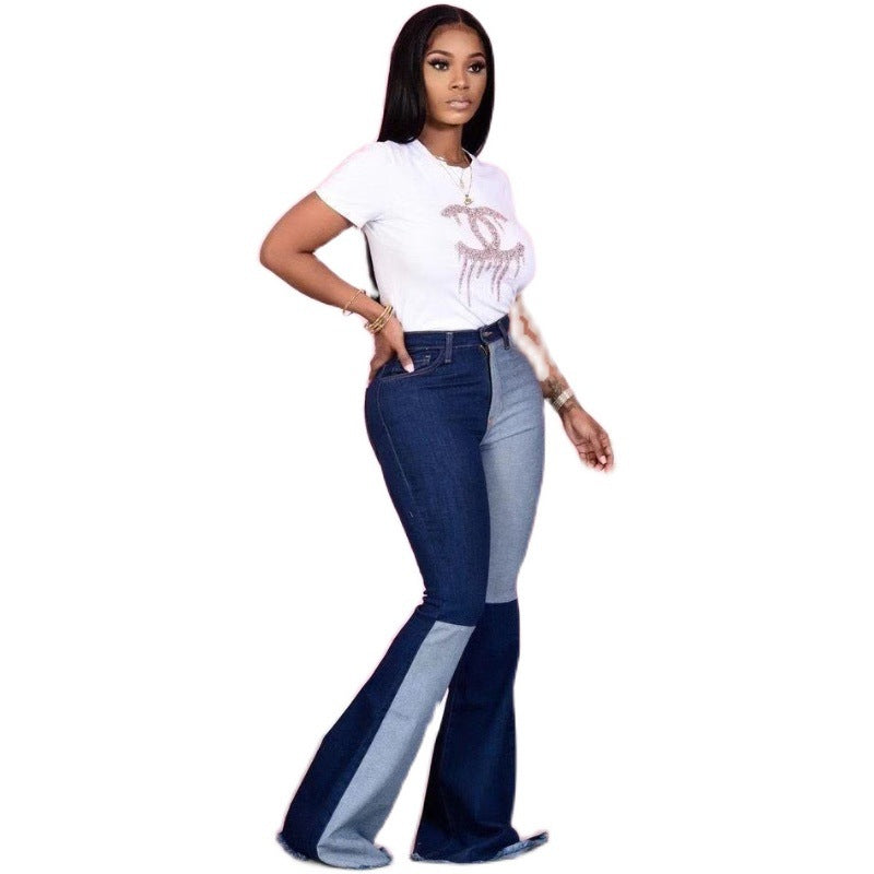 Patchwork Denim Flared Trousers Pi-Mart