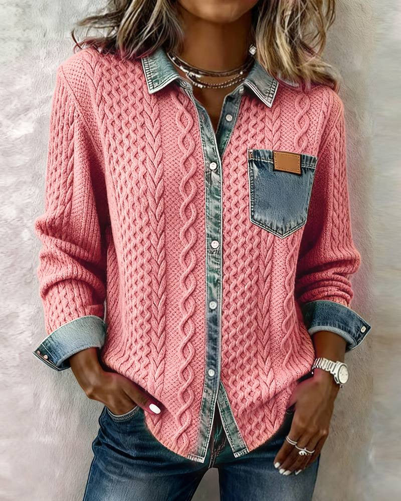 Stylish, Versatile Knitted Patchwork Denim Shirt For Women NorixaFashion.com