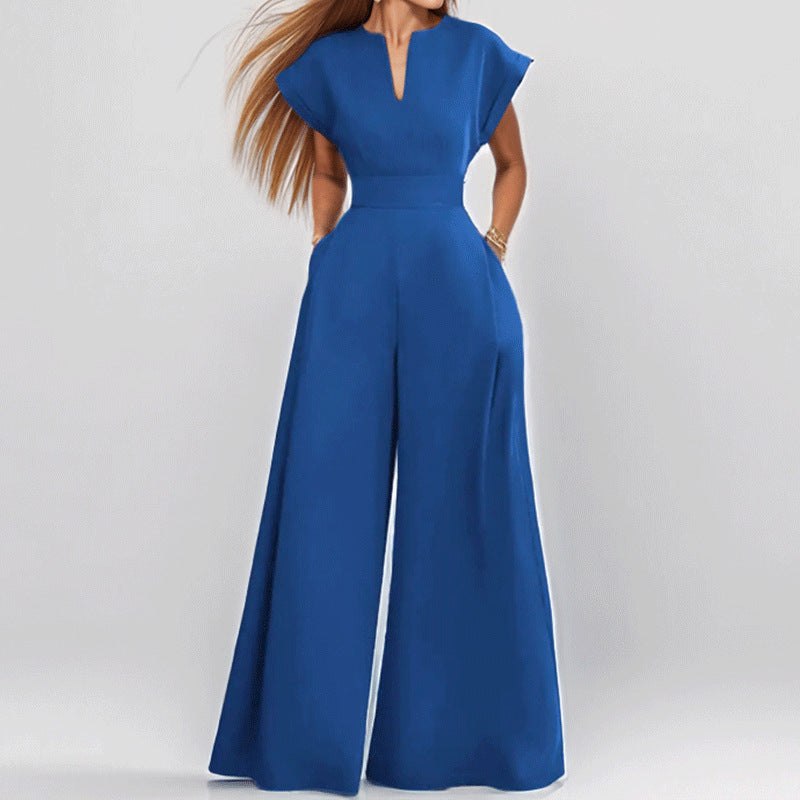 2026 Summer New Women's Fashion Commuter V-neck Waist Solid Color Wide Leg Jumpsuit NorixaFashion.com