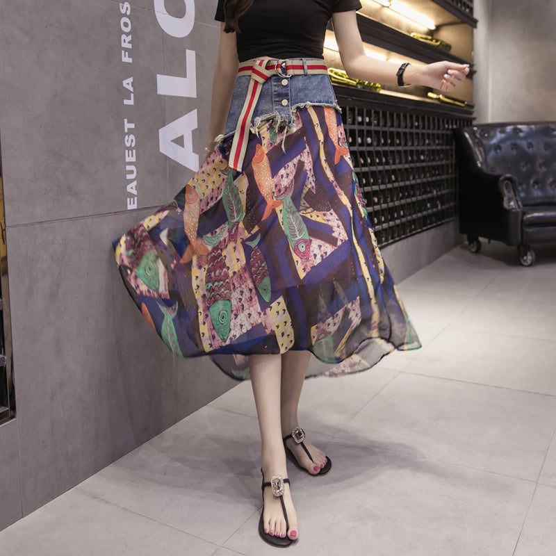 Mesh Stitching Denim Skirt Pi-Mart