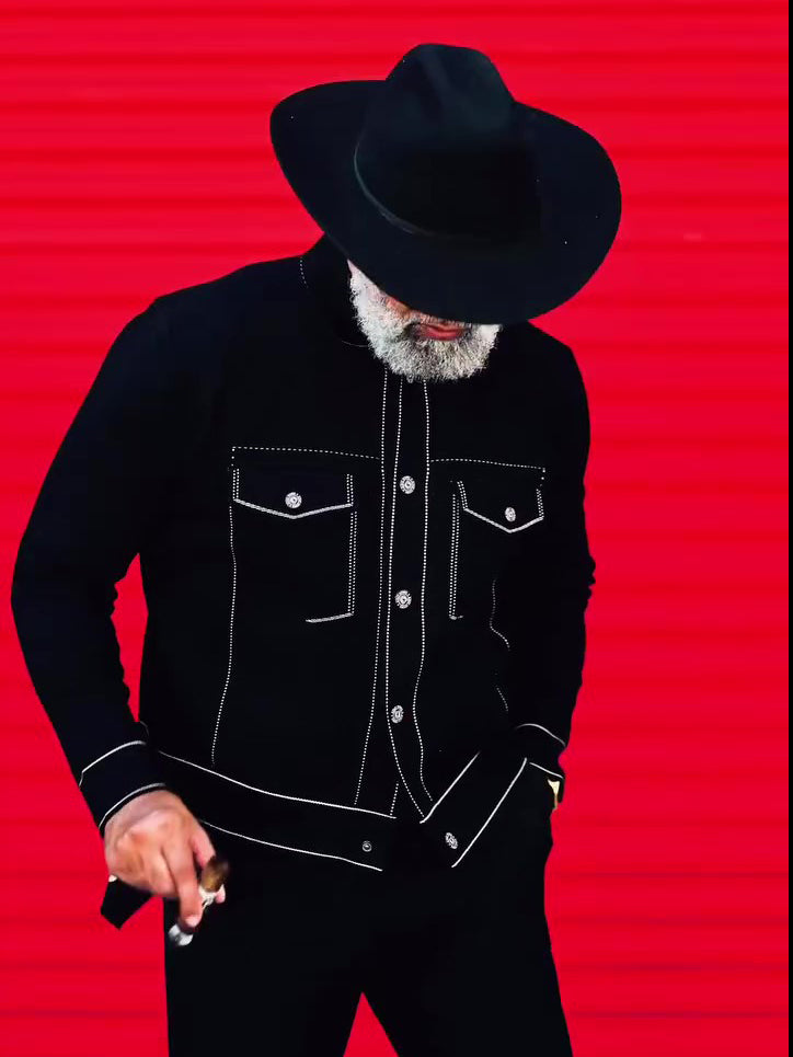 Black Denim Jacket With White Topstitching Detail Best YouTube Store