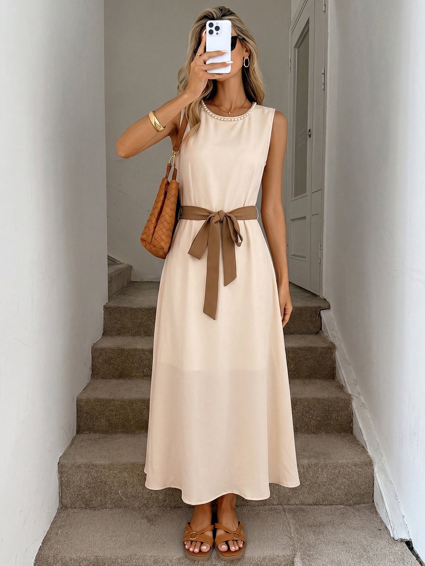 Pearl Neck Sleeveless Self-Tie Belt A-Line Midi Dress NorixaFashion.com