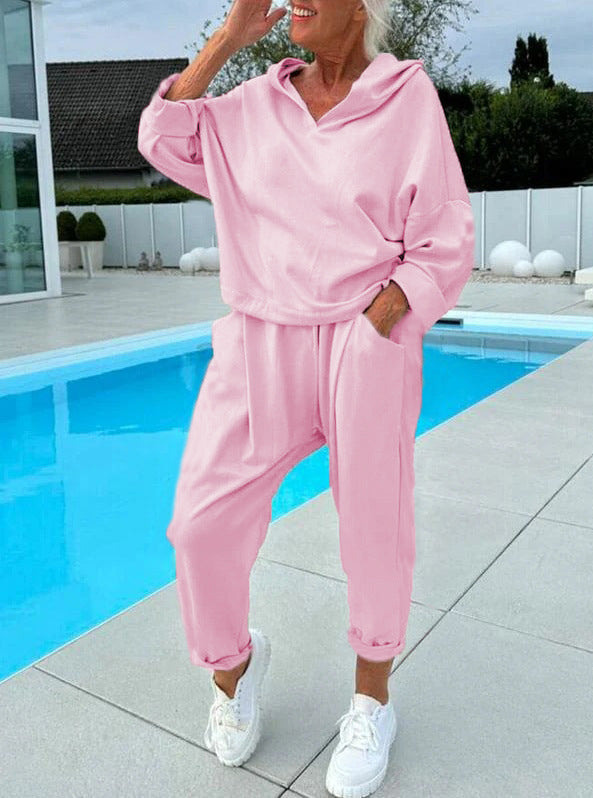 Women's Solid Color Hooded Sweatshirt Two-piece Set LadyShow.Store