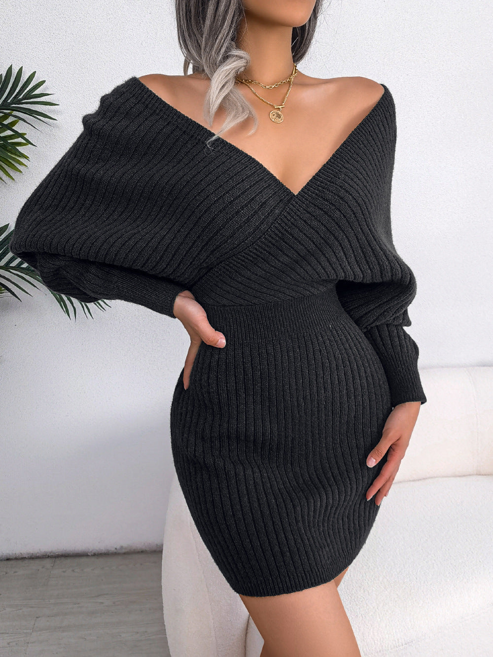 2026 Autumn Winter Sexy Cross V Neck Bat Skirt With Hip Wrapping, Hairy Dress NorixaFashion.com