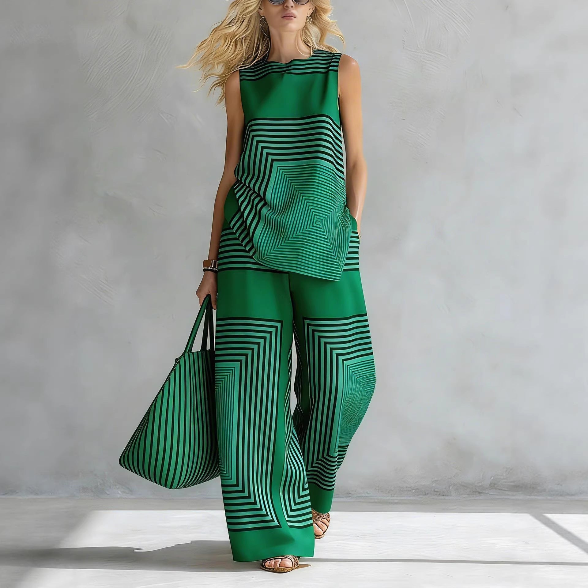 Lightweight Geometric Striped Sleeveless Top And Wide-leg Pants NorixaFashion.com