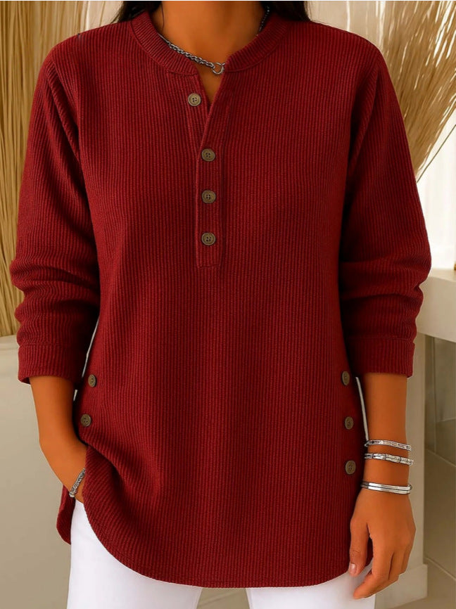 V-neck Buttons Sweater Fashion Casual Solid Color Long-sleeved Tops Women's Blouse T-shirt Clothing NorixaFashion.com