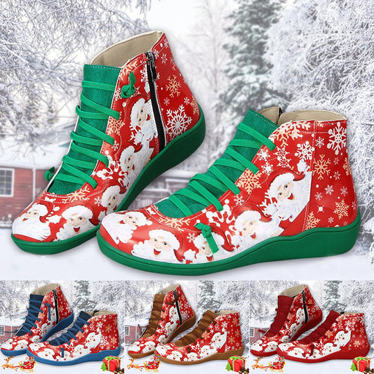 Ankle Boots Women Santa Claus Snowflake Print Flats Shoes Casual Slip-on Side Zipper Design Short Boot