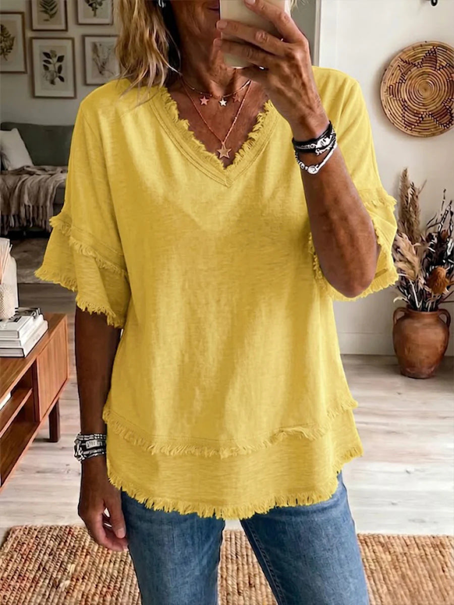 Casual Women's Shirt V-Neck Short Sleeve Loose Fit Pure Color Summer Fashion Trend Pullover Tops For Daily Wear LadyShow.Store
