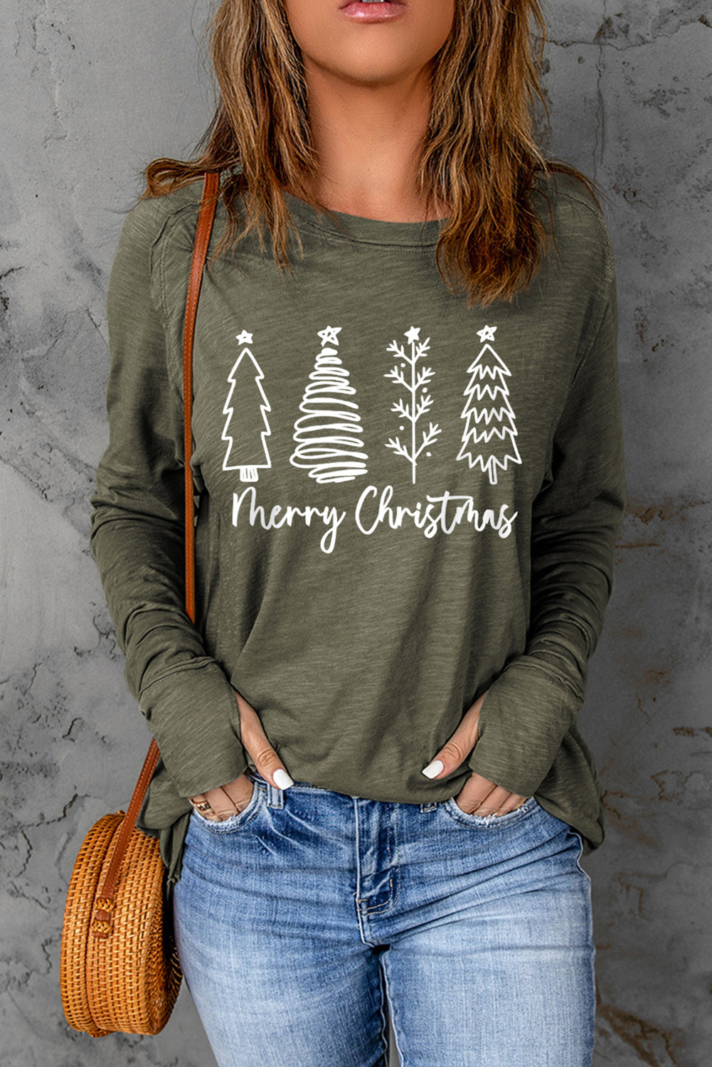 Thea Merry Christmas Trees Thumbhole Sleeve Graphic Tee LuxuryLifeWay Online Store