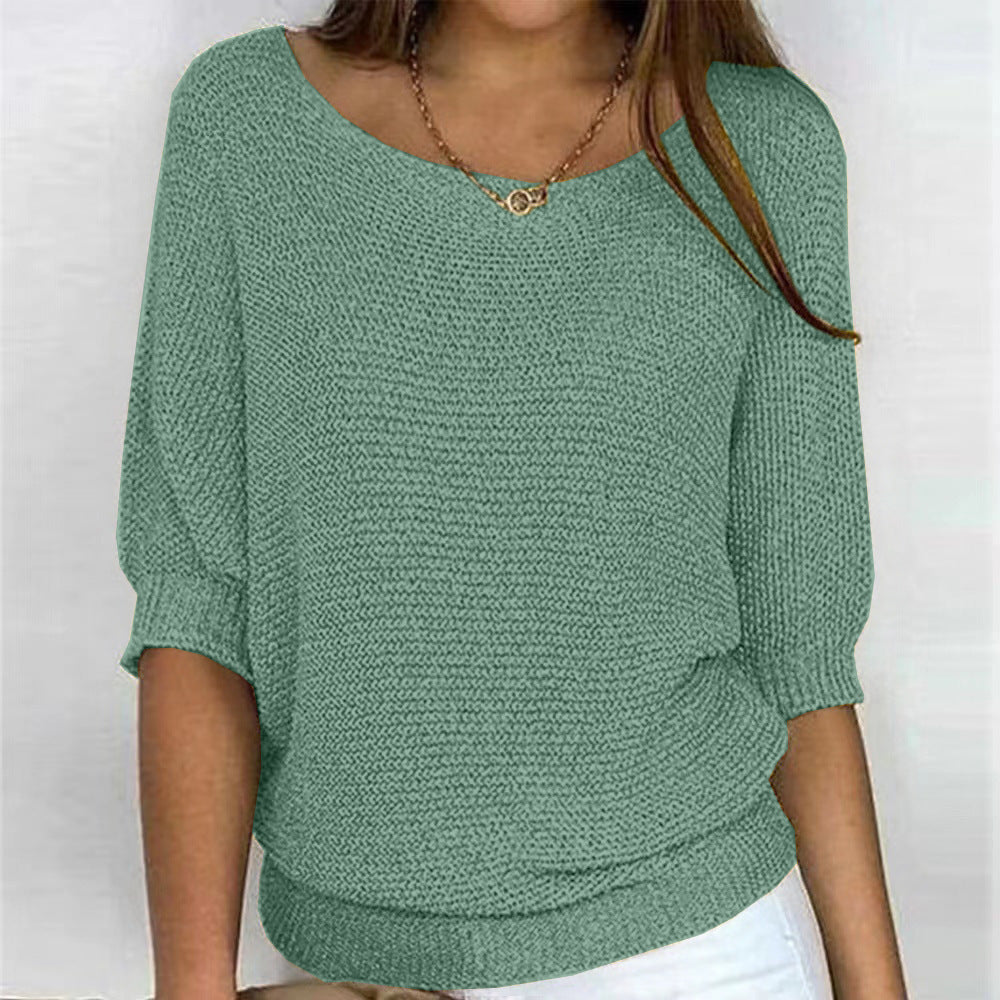 Three-quarter Sleeve Pullover Sweater Fashion Solid Color Loose Round Neck Knitted Top For Women Clothing NorixaFashion.com