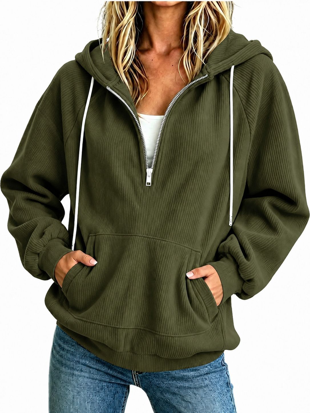 2026 Autumn New European And American Women's Half Zipper Hoodie Loose Long Sleeve Drawstring Casual Top NorixaFashion.com
