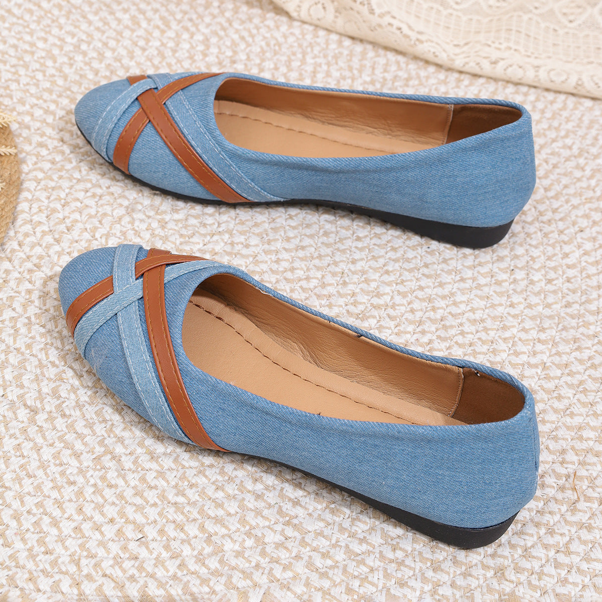 Ins Cross-Strapped Denim Loafers NorixaFashion.com