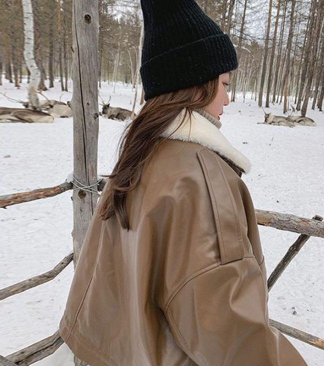 Light Brown Lapel Small Rabbit Fur Thick Loose Short Leather Jacket Best YouTube Store