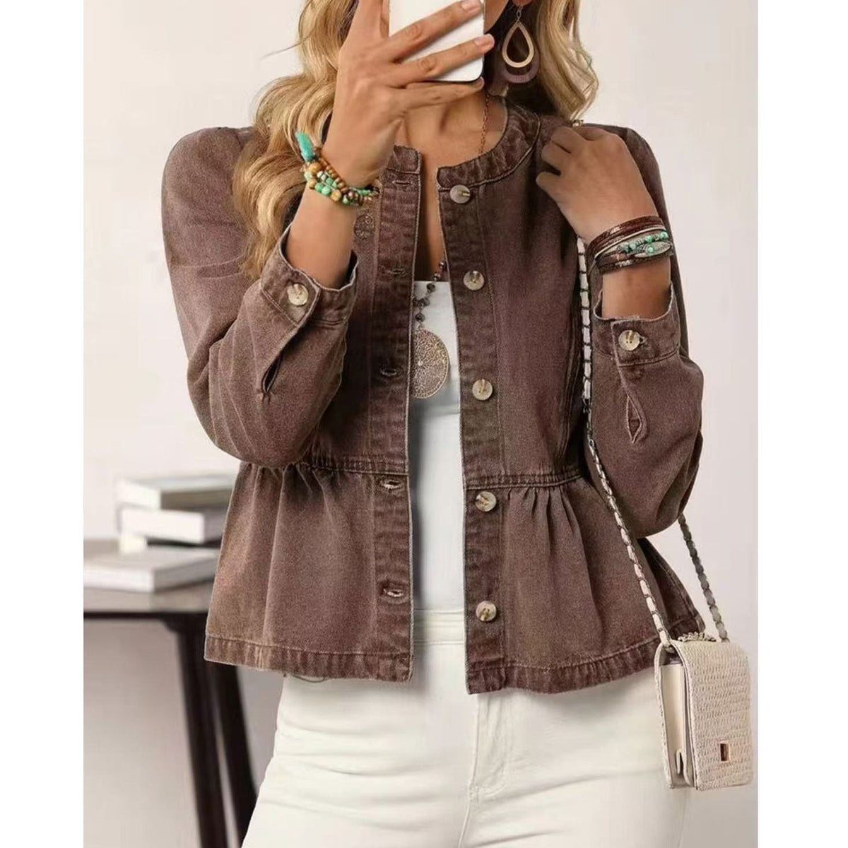 Cross-Border Denim Jacket For Women, Short Style, 2026 Spring And Autumn New Popular Model, European And American Casual Versatile Round Neck Puff Sleeves NorixaFashion.com
