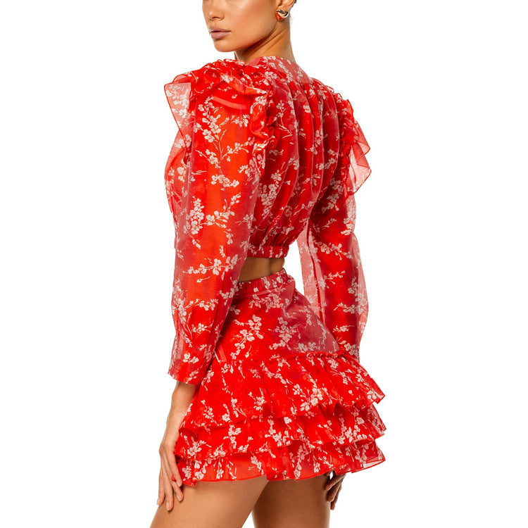 Round Neck Long-sleeved Cropped Top And Printed Skirt Two-piece Set NorixaFashion.com