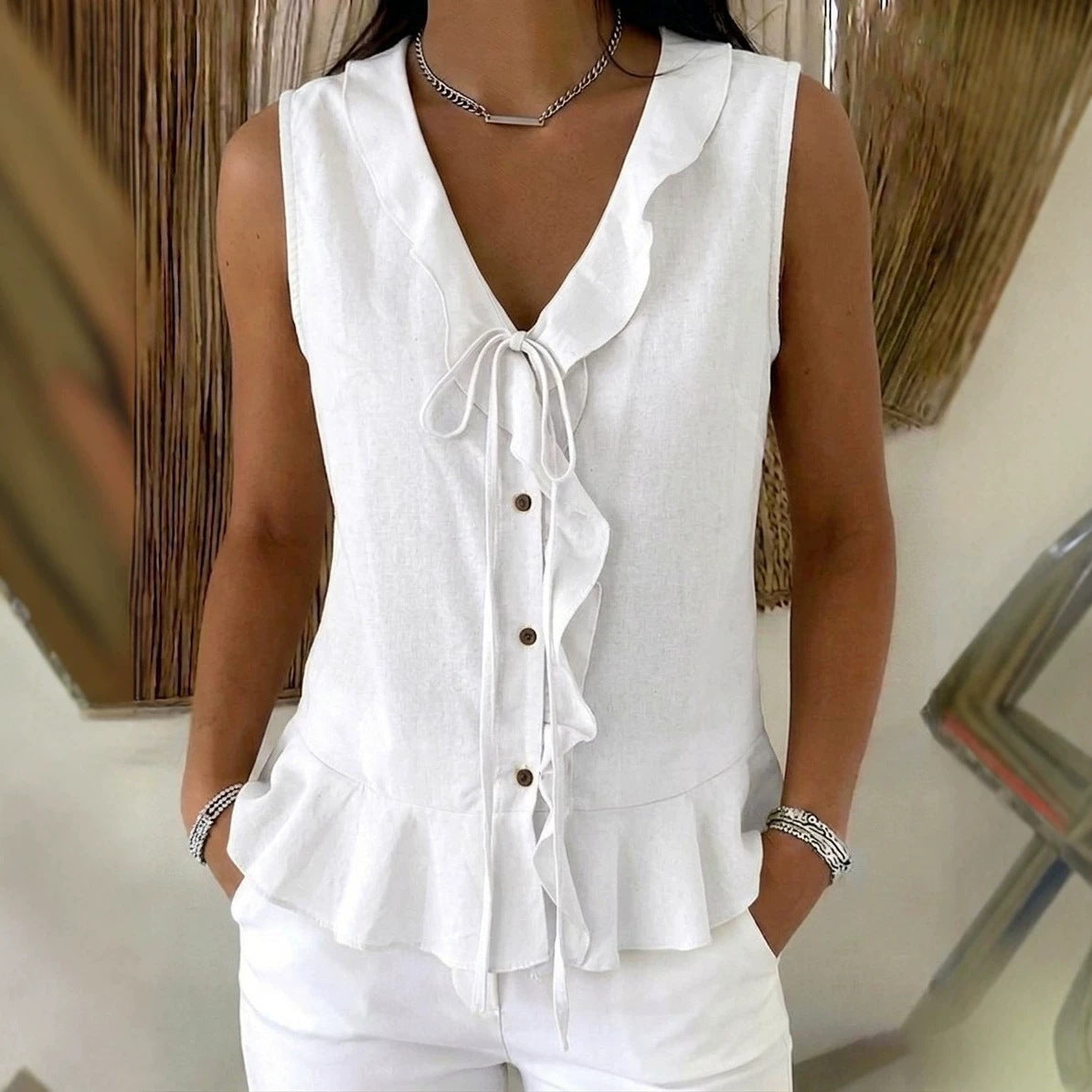 Women's Casual V-Neck Ruffle Trim Sleeveless Top NorixaFashion.com