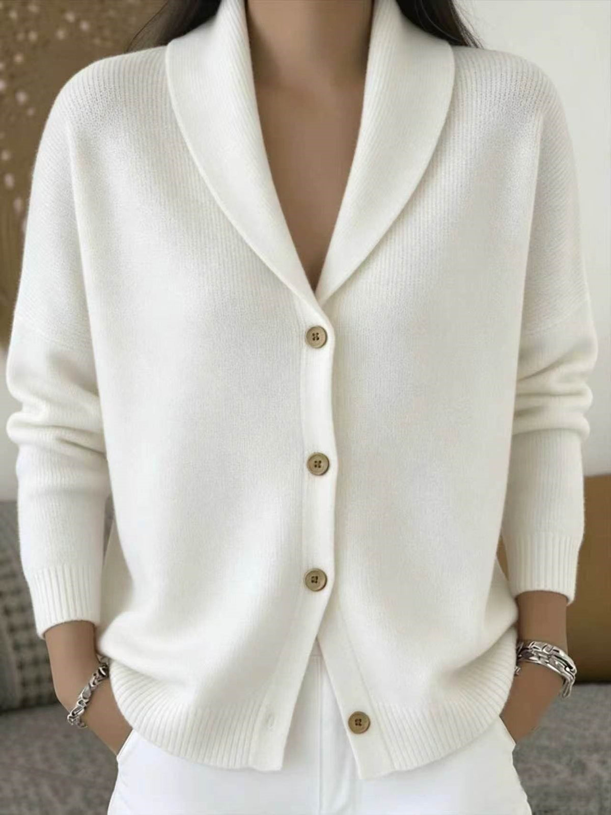 Womens Knitted Cardigan Loose-Fit Lazy Style Soft And Cozy Notch Lapel Solid Color Long-Sleeve Sweater NorixaFashion.com