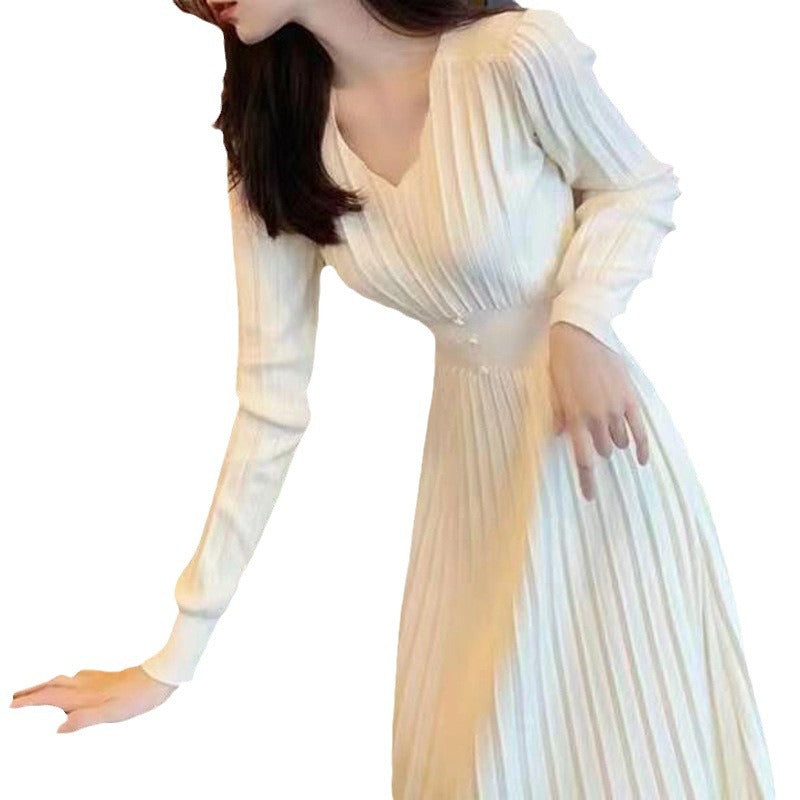 High-waisted Dress With V-neck Long Sleeve For Women LadyShow.Store