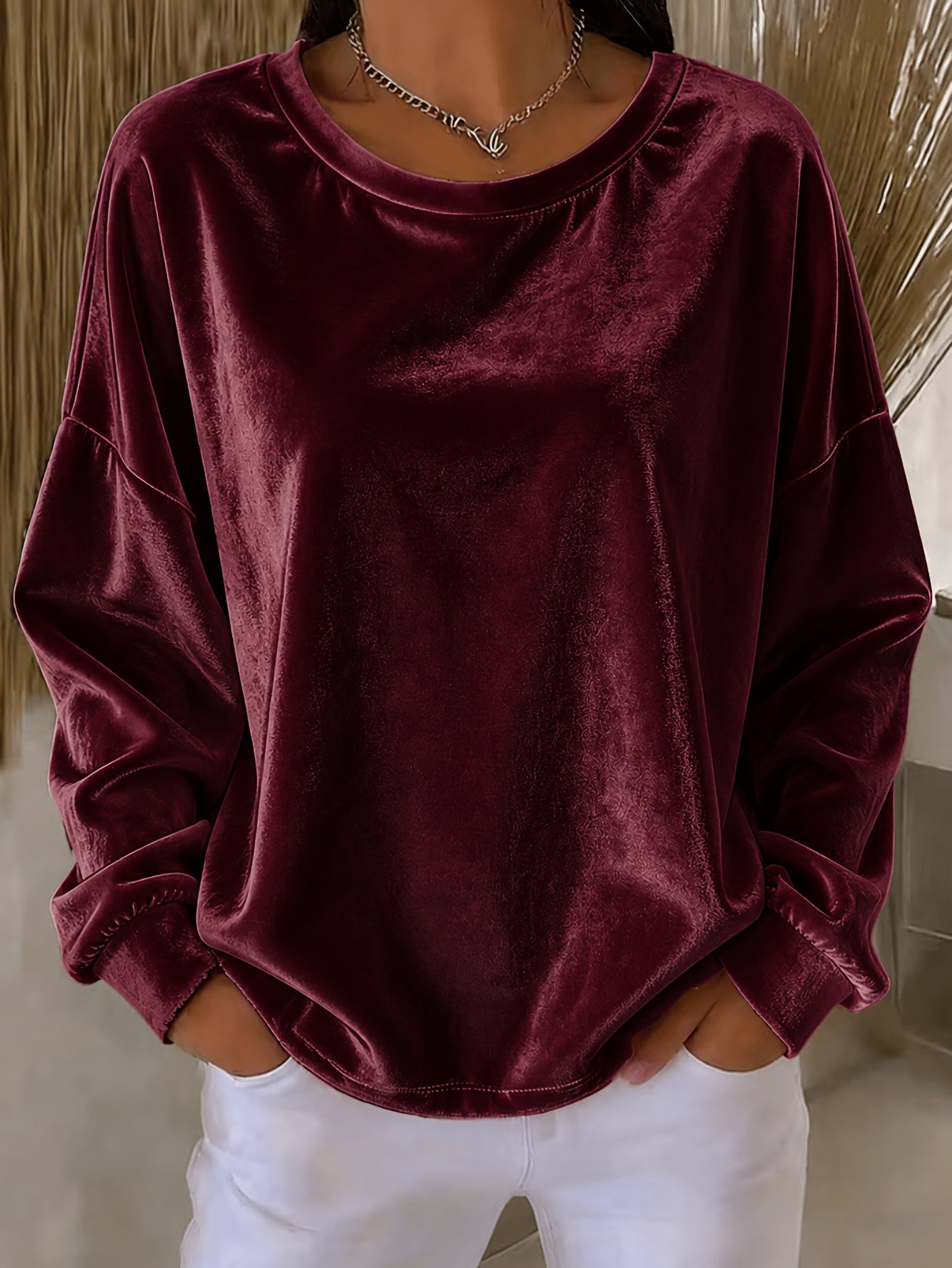 Casual Round-neck Velvet Solid-color Long-sleeve Shirt NorixaFashion.com