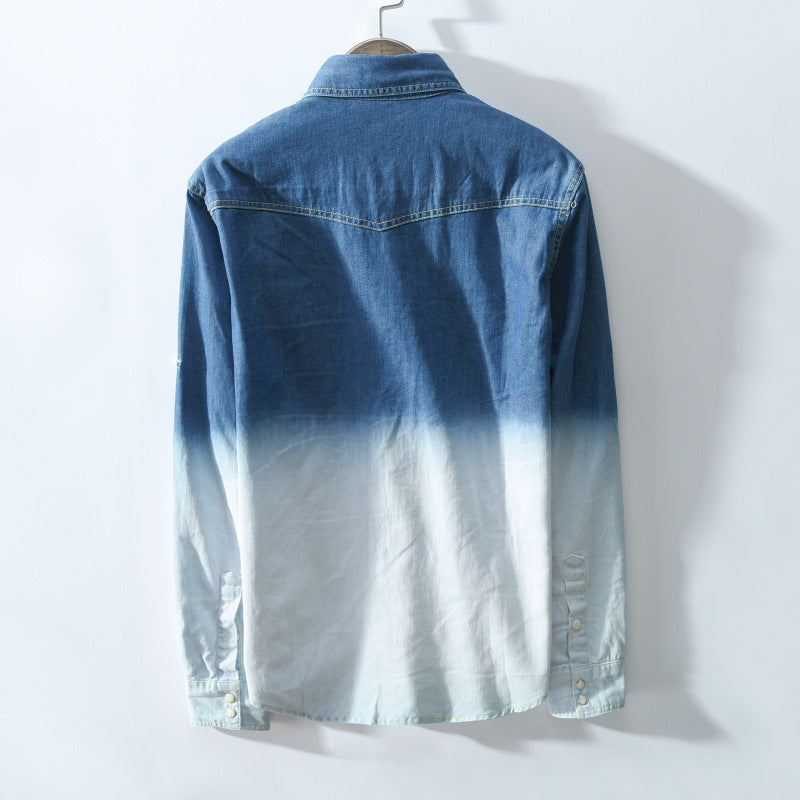 Men's Gradient Color Denim Shirt Jacket with Pockets Pi-Mart