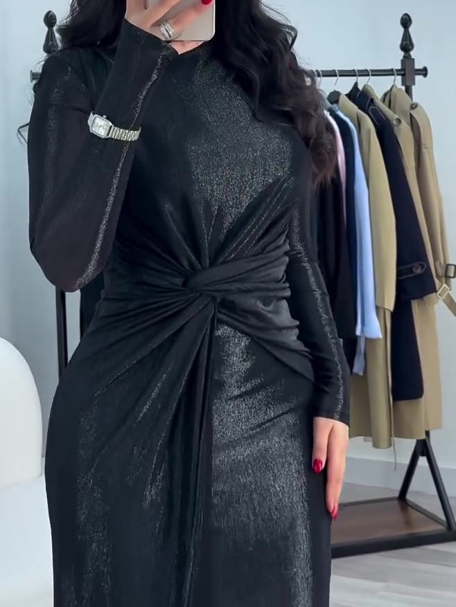 Metallic Maxi Dress With Twist Front Detail And Long Sleeves NorixaFashion.com
