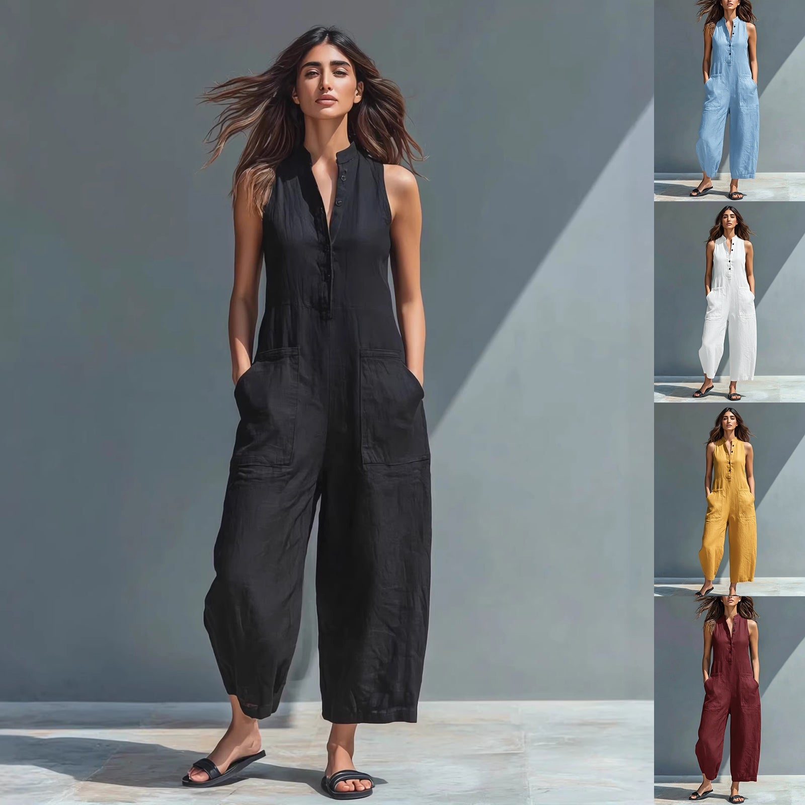 Summer Sleeveless Jumpsuit With Pockets Fashion Casual V-Neck Buttons Trousers Women's Overall Pants NorixaFashion.com
