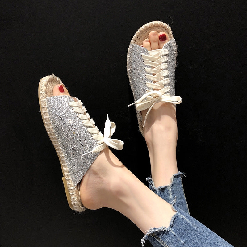 Sequin Lace-Up Flat Sandals with Straw Fisherman Sole Best YouTube Store
