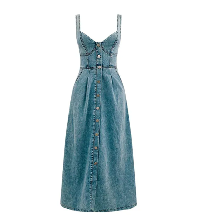 Women's Denim Buckle Midi Dress Pi-Mart