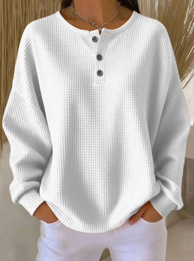 Ins Waffle Long-sleeved T-shirt Fashion Solid Color Buttons Round Neck Pullover Top Women's Clothing NorixaFashion.com