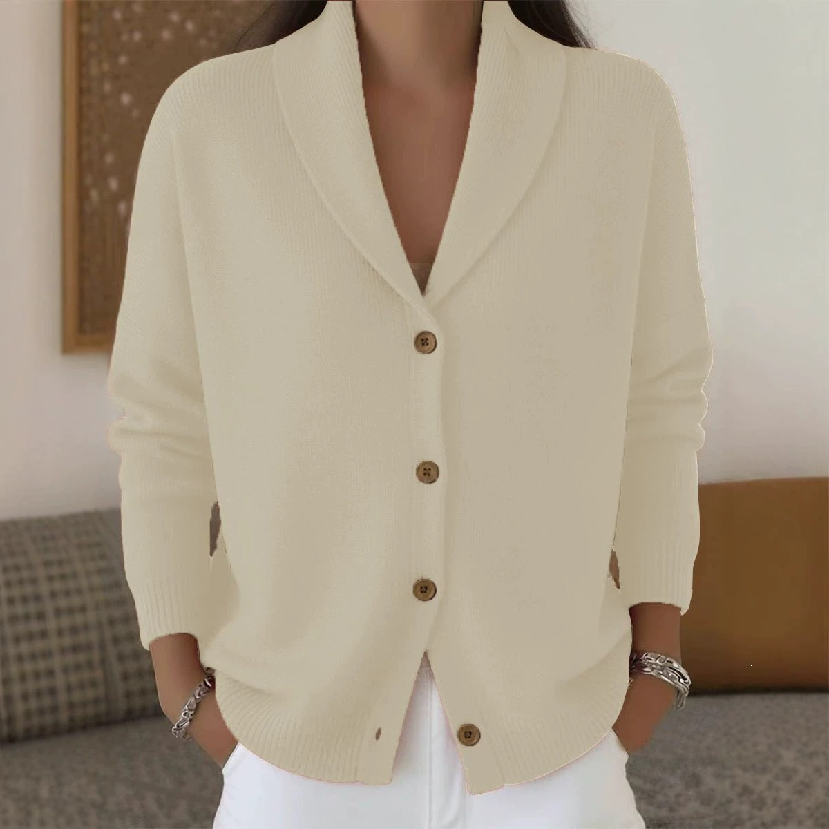 Womens Knitted Cardigan Loose-Fit Lazy Style Soft And Cozy Notch Lapel Solid Color Long-Sleeve Sweater NorixaFashion.com