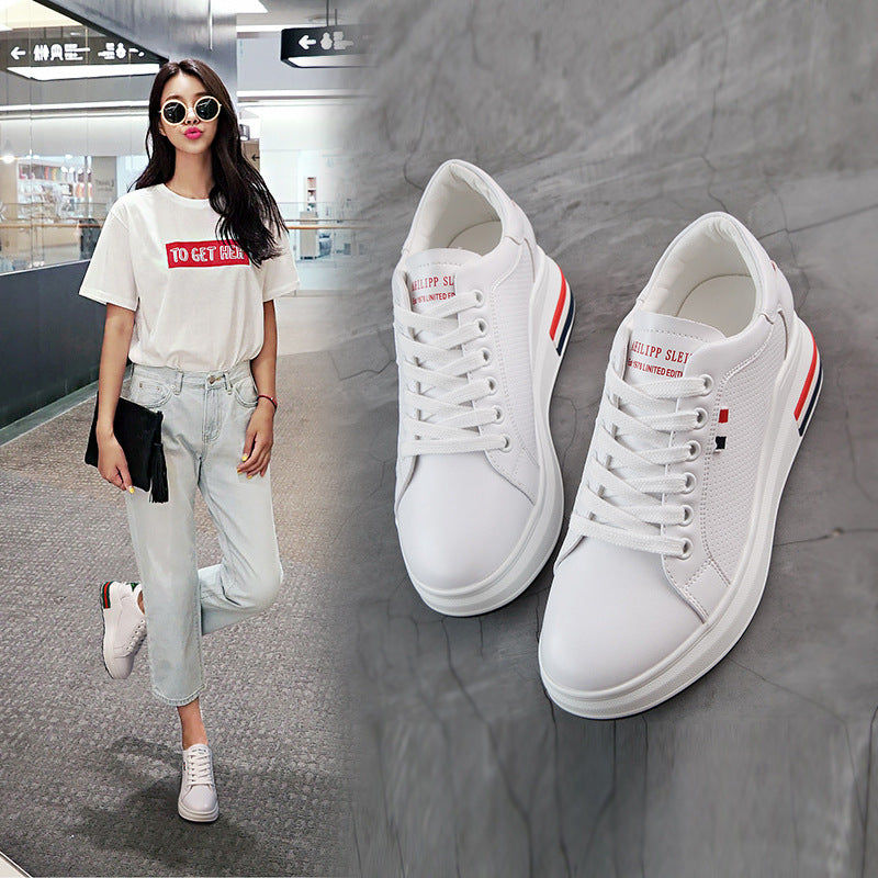 Elevated Sneakers, Versatile Lace-Up White Shoes LadyShow.Store