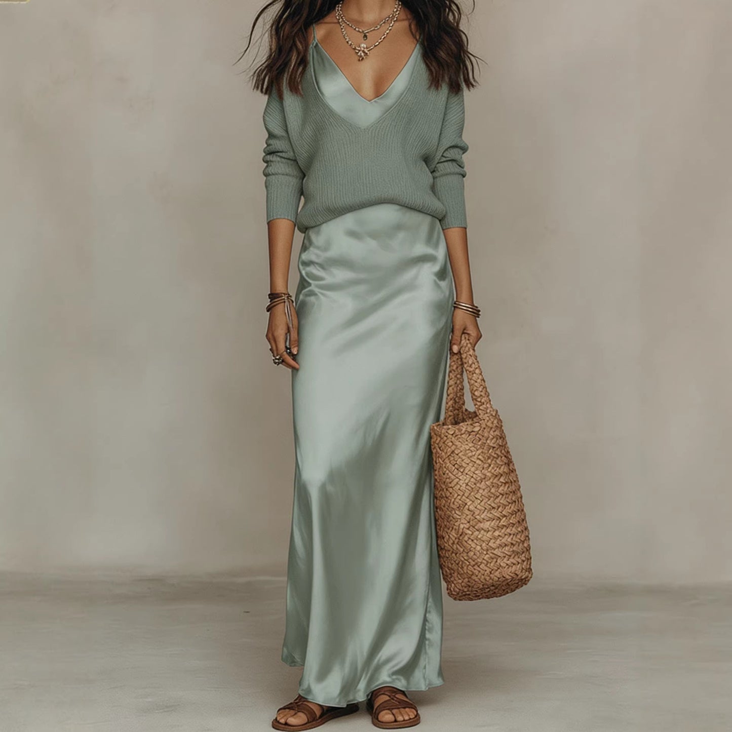 Womens Solid-Color V-Neck Knitted Sweater And Satin Dress Set NorixaFashion.com