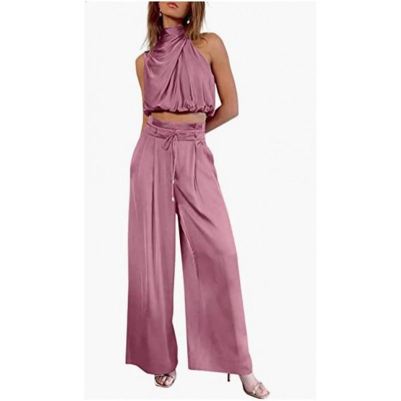 Summer Suits Casual Sleeveless Midriff-baring Top And Wide Leg Pants 2pcs Set Womens Clothing NorixaFashion.com