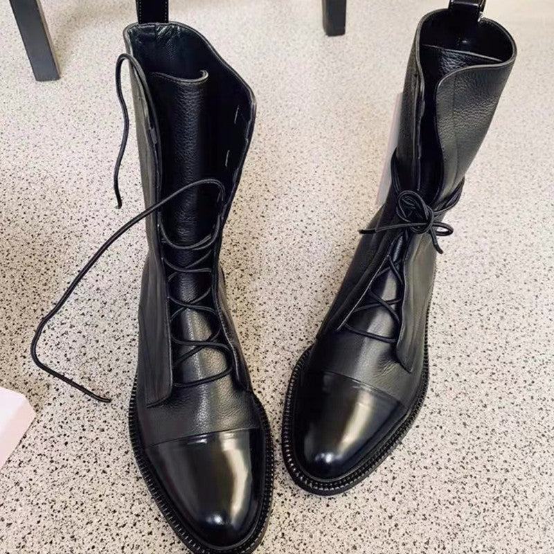 Mid-tube Locomotive Boots Lace-up Black Low-heeled LadyShow.Store