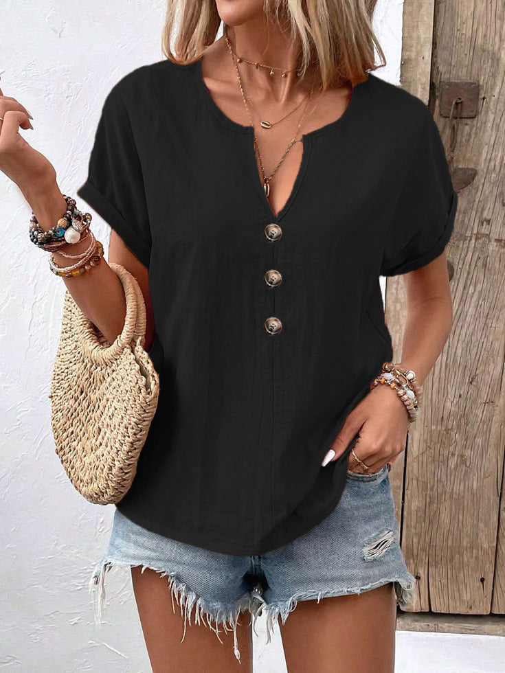 Women's Buttoned V-neck Short-sleeve T-shirt Top LadyShow.Store