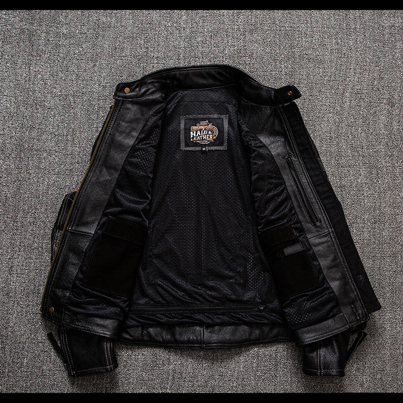 Men's Genuine Leather Biker Jacket with Protective Gear Pi-Mart