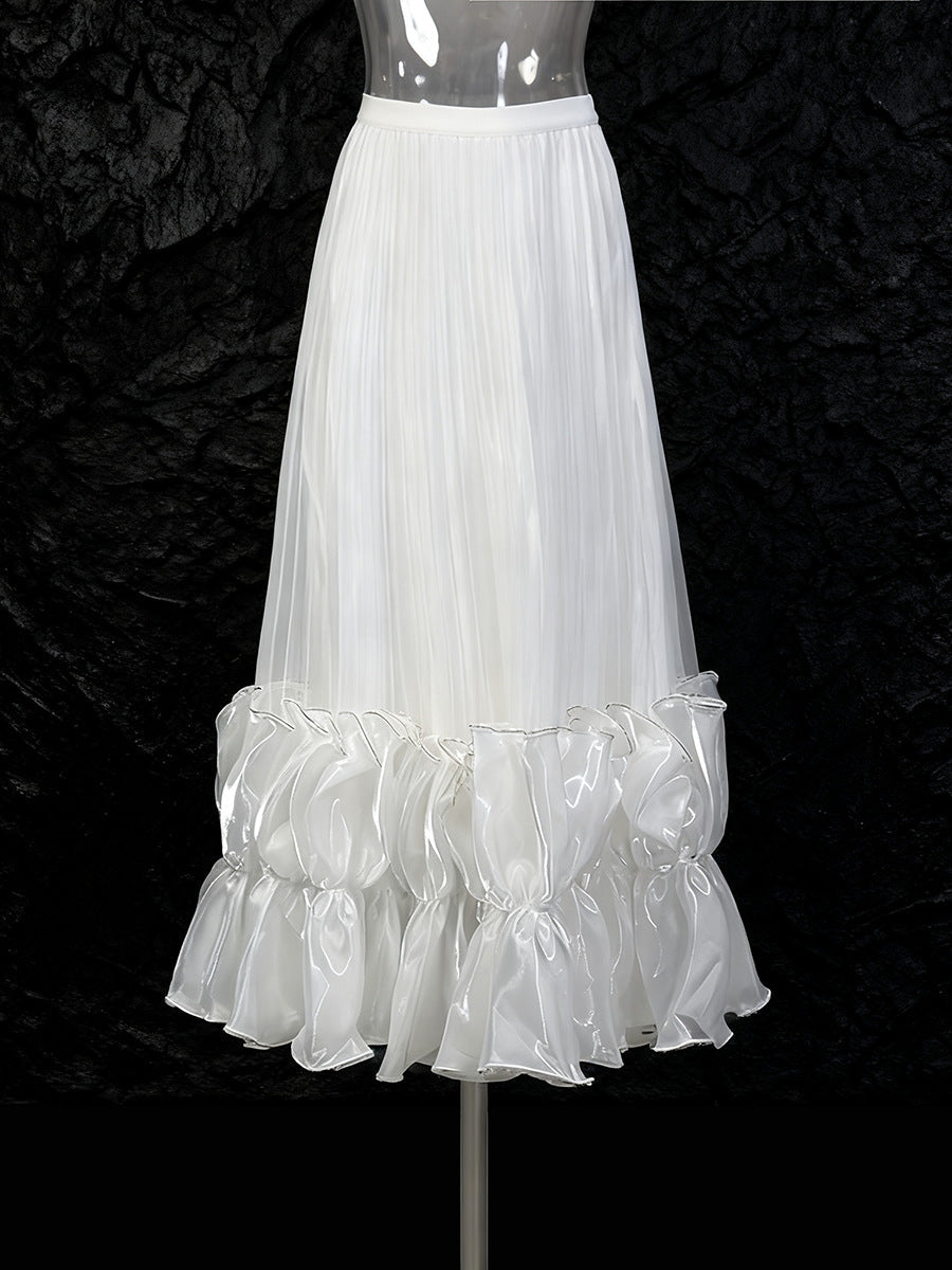 High Waist Pleated Ruffle Hem Midi Skirt NorixaFashion.com