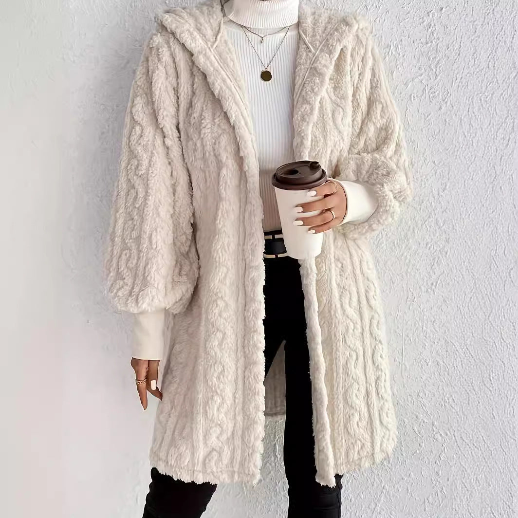 Hooded Double-sided Plush Cuff Thread Long Coat NorixaFashion.com