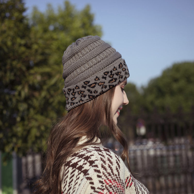 Beanie Women's Warm Leopard Print Knitted Hat Winter