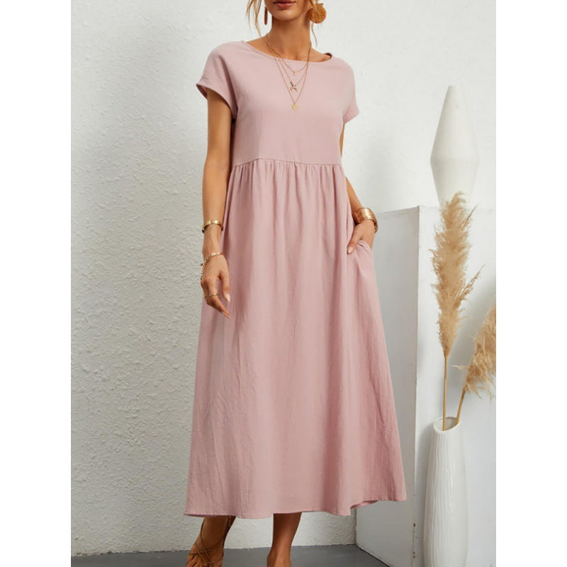 2026 New European And American Women's Round Neck Solid Color Pullover Comfortable Casual Dress NorixaFashion.com