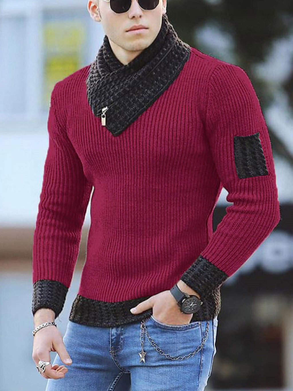 Independent Station Casual Slim Knit Pullover Long-sleeved Scarf Collar Sweater Men's LadyShow.Store