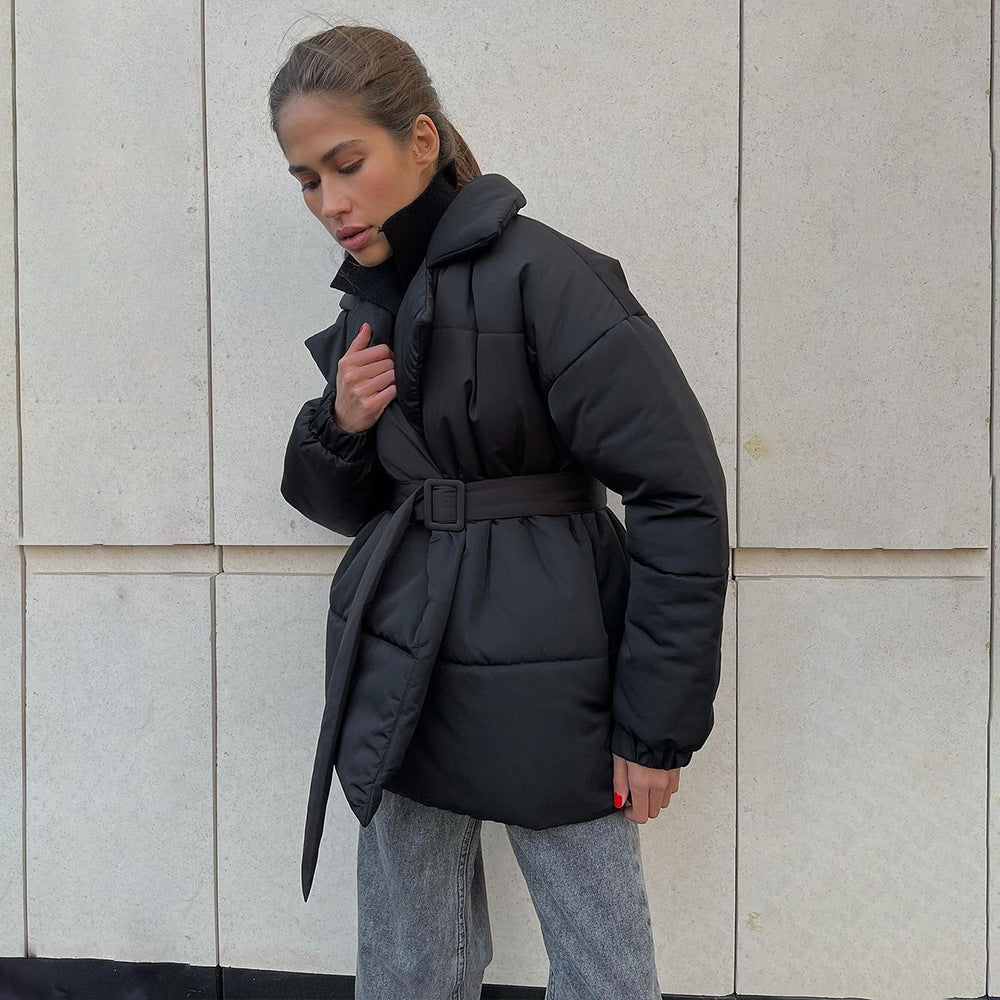 New Thickened Slimming Cinched Cotton-padded Coat Solid Color Belt Cotton Coat Jacket LuxuryLifeWay Online Store