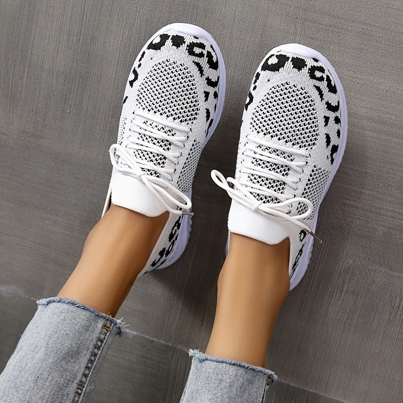 White Shoes Women Leopard Print Lace-up Sneakers Sports CJD