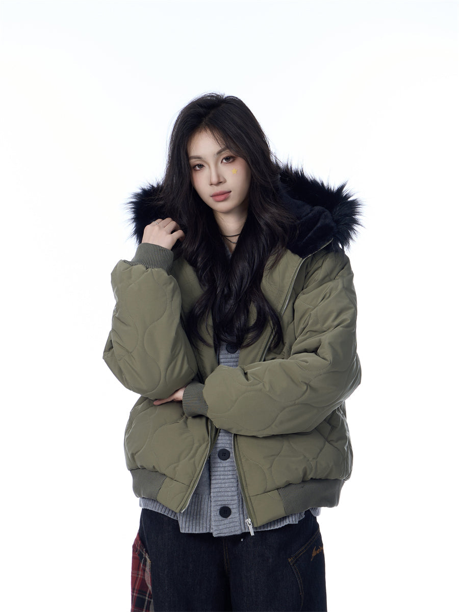 American Retro Rhombus Fur Collar Cotton Cardigan Hooded Cotton Jacket Best YouTube Store