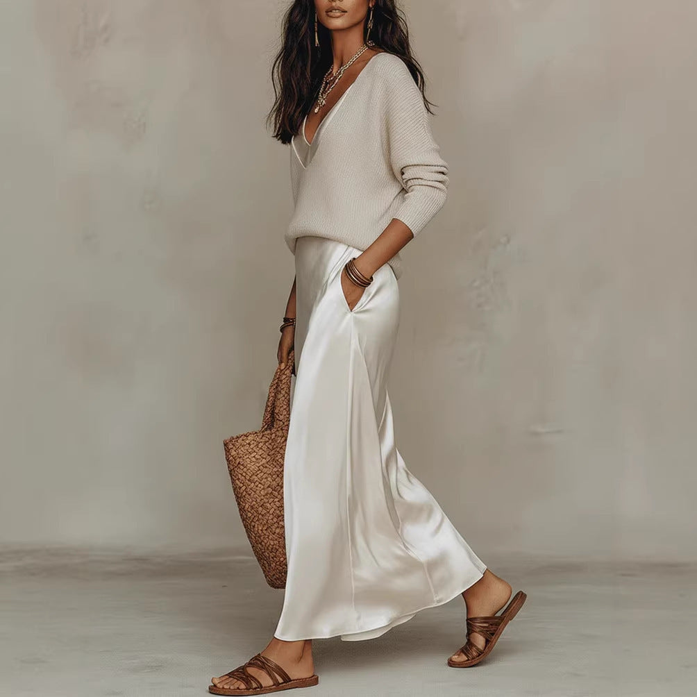 Women's Chic Satin Maxi Dress 2 Pieces Sets Sexy Straps Sleeveless Long Sleeve Top Evening Dresses Elegant New Party Street Gown NorixaFashion.com