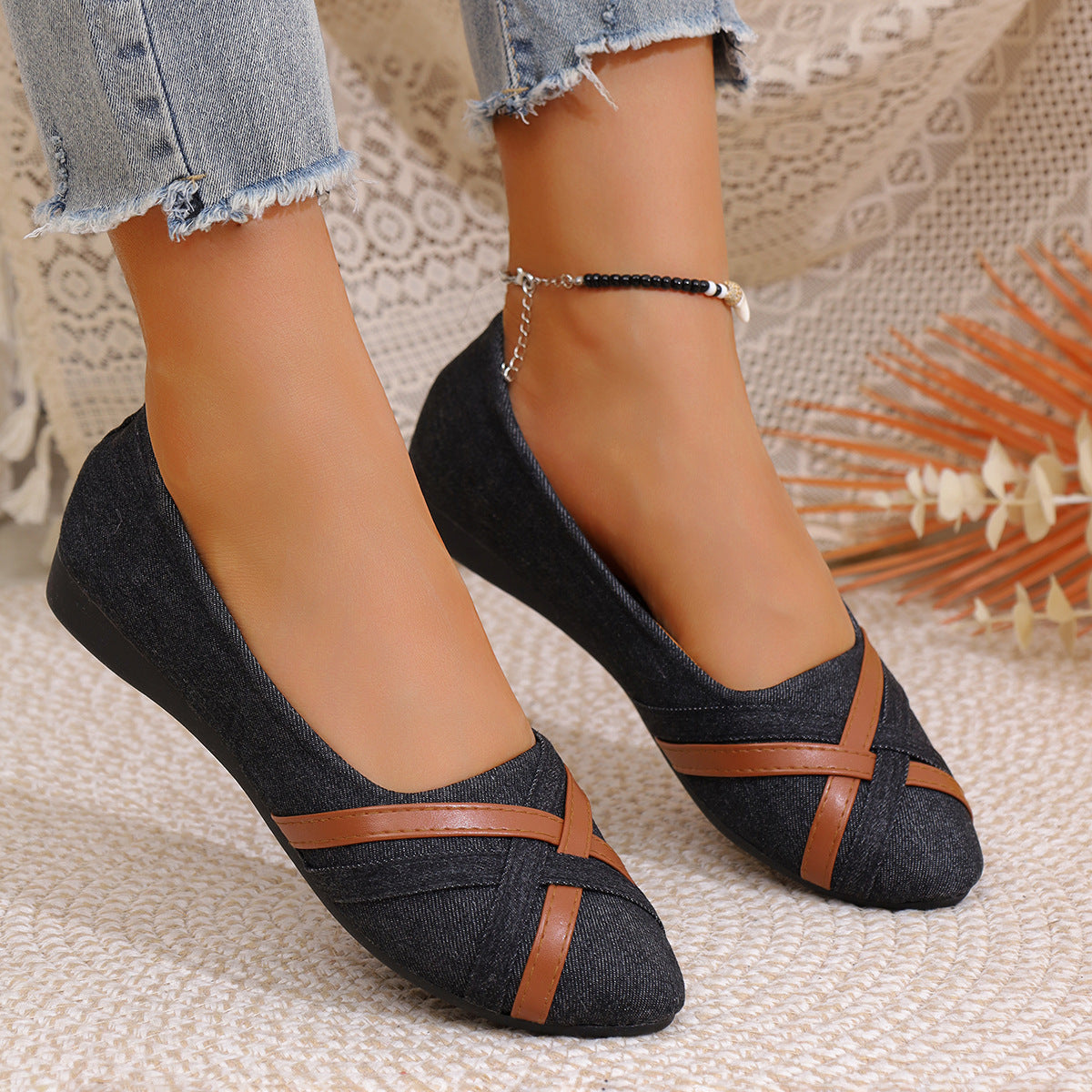 Ins Cross-Strapped Denim Loafers NorixaFashion.com