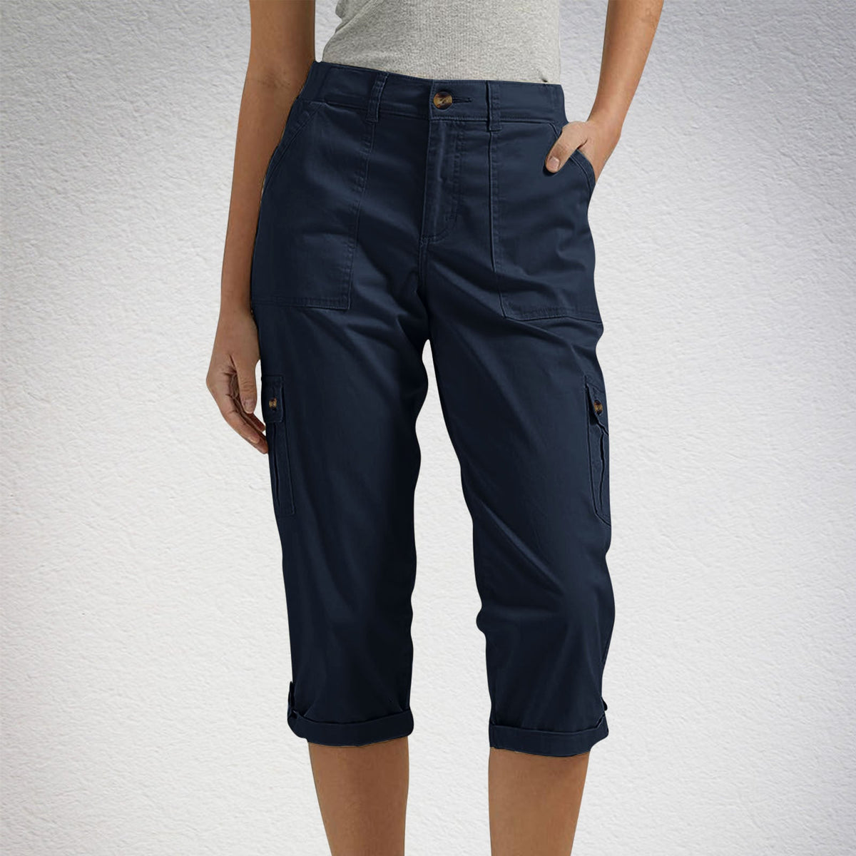 Solid Color Casual Cropped Pants - Women's High Waist Multiple Pockets Capri Trousers for Daily Wear NorixaFashion.com